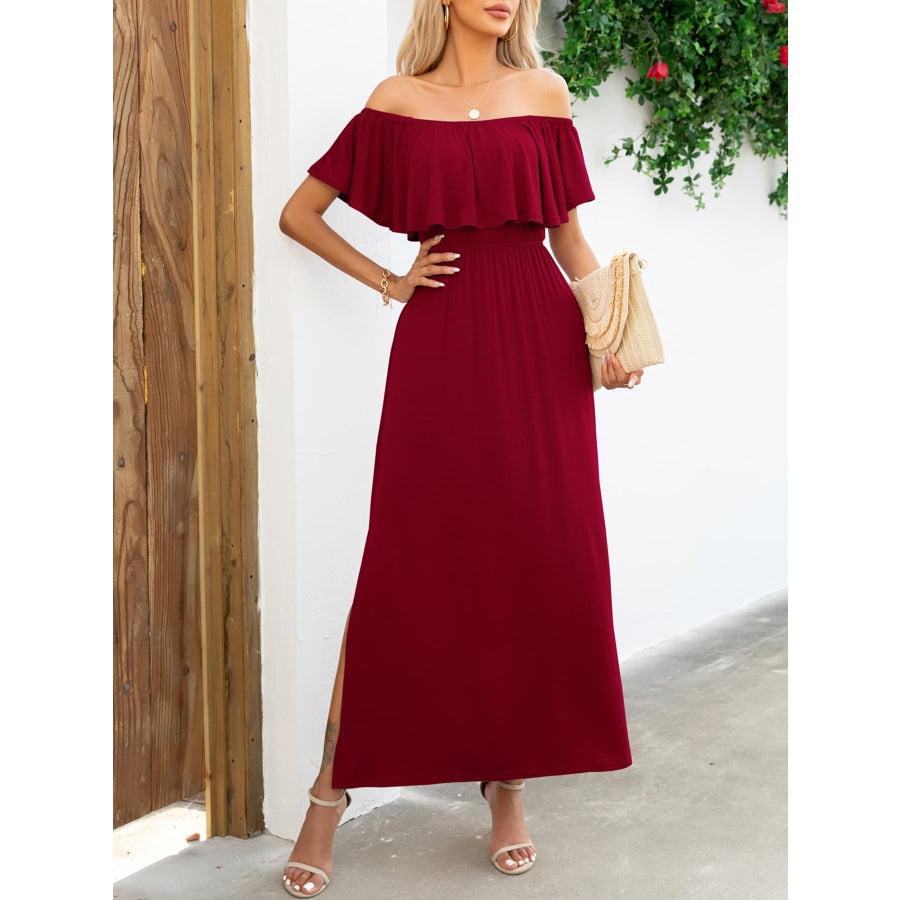 Off-Shoulder Slit Maxi Dress Wine / M