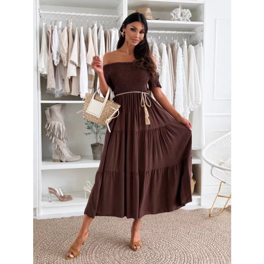 Off Shoulder Smocked Tiered Midi Dress Apparel and Accessories
