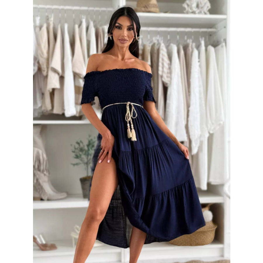 Off Shoulder Smocked Tiered Midi Dress Apparel and Accessories