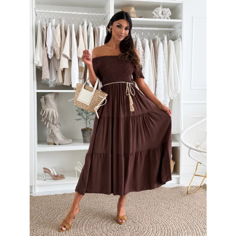 Off Shoulder Smocked Tiered Midi Dress Apparel and Accessories