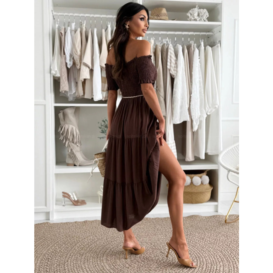 Off Shoulder Smocked Tiered Midi Dress Apparel and Accessories