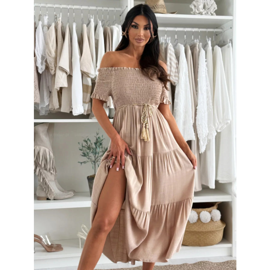 Off Shoulder Smocked Tiered Midi Dress Apparel and Accessories