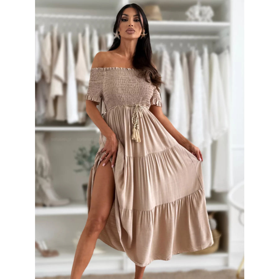 Off Shoulder Smocked Tiered Midi Dress Dust Storm / S Apparel and Accessories