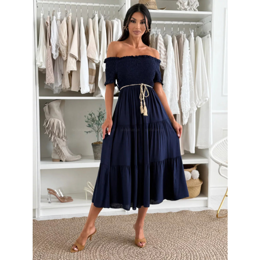 Off Shoulder Smocked Tiered Midi Dress Navy / S Apparel and Accessories