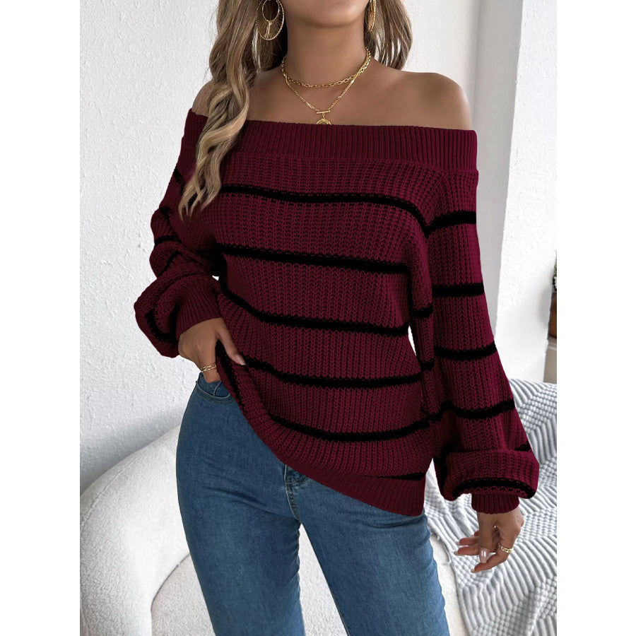 Off-Shoulder Striped Contrast Sweater Apparel and Accessories