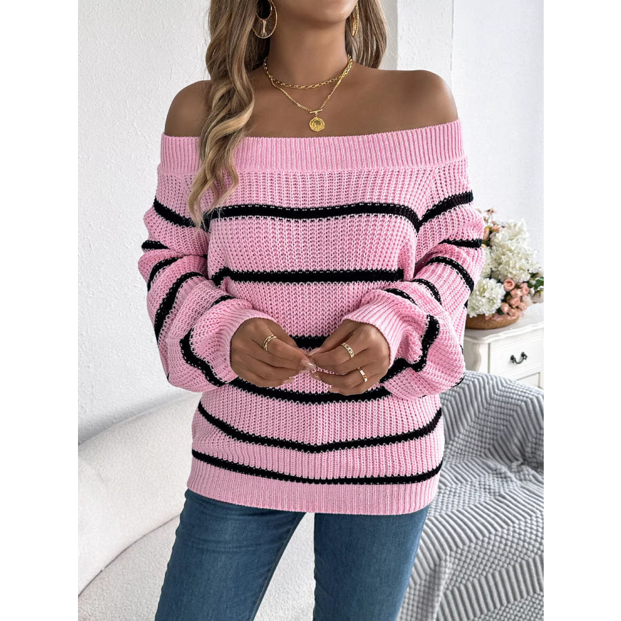 Off-Shoulder Striped Contrast Sweater Apparel and Accessories