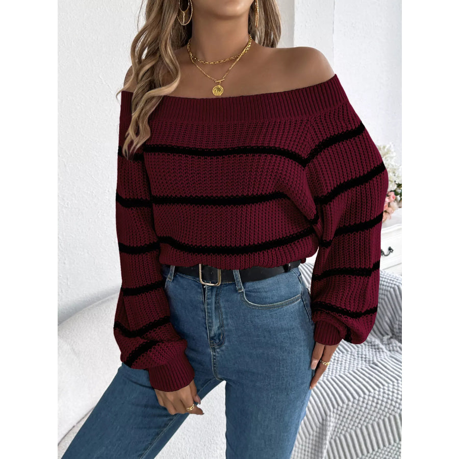 Off-Shoulder Striped Contrast Sweater Apparel and Accessories