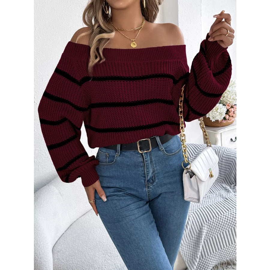 Off-Shoulder Striped Contrast Sweater Burgundy / S Apparel and Accessories