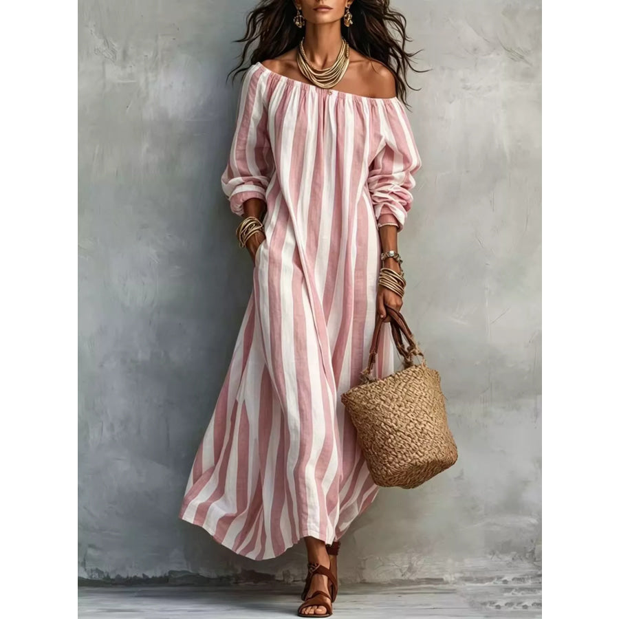Off-Shoulder Striped Dress with Pockets Apparel and Accessories