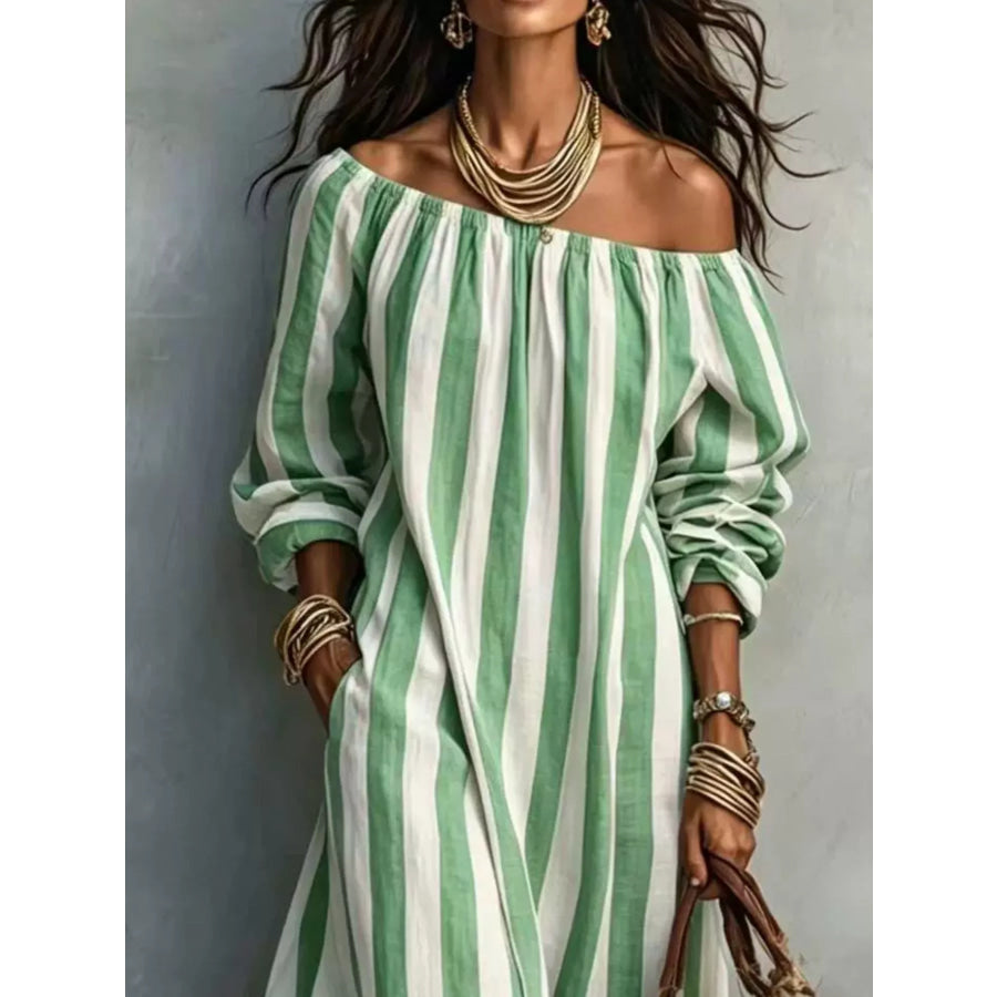 Off-Shoulder Striped Dress with Pockets Apparel and Accessories