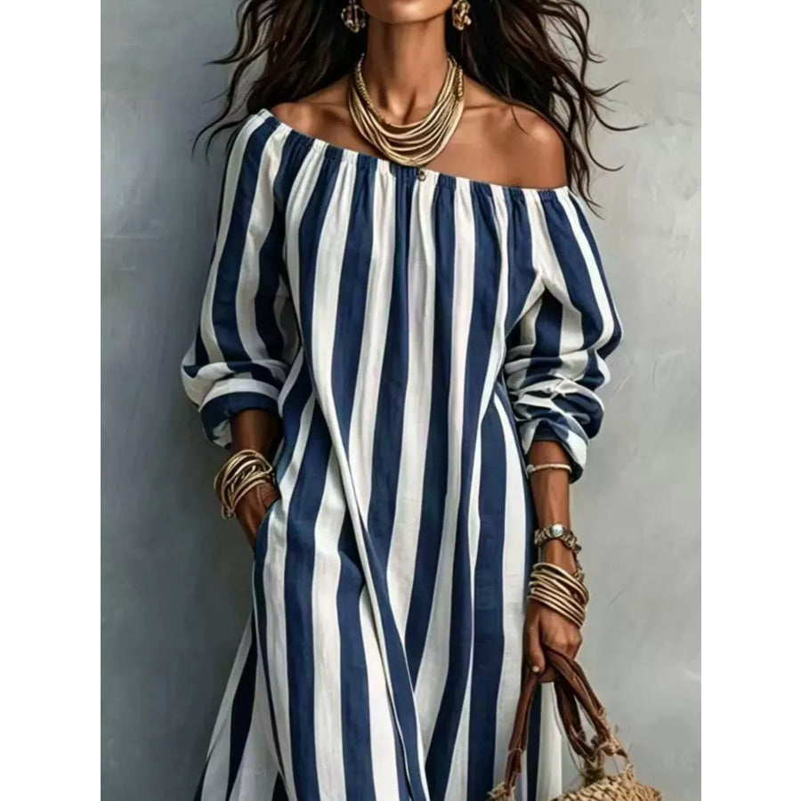 Off-Shoulder Striped Dress with Pockets Apparel and Accessories