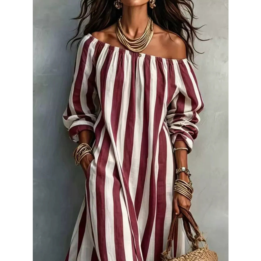 Off-Shoulder Striped Dress with Pockets Apparel and Accessories