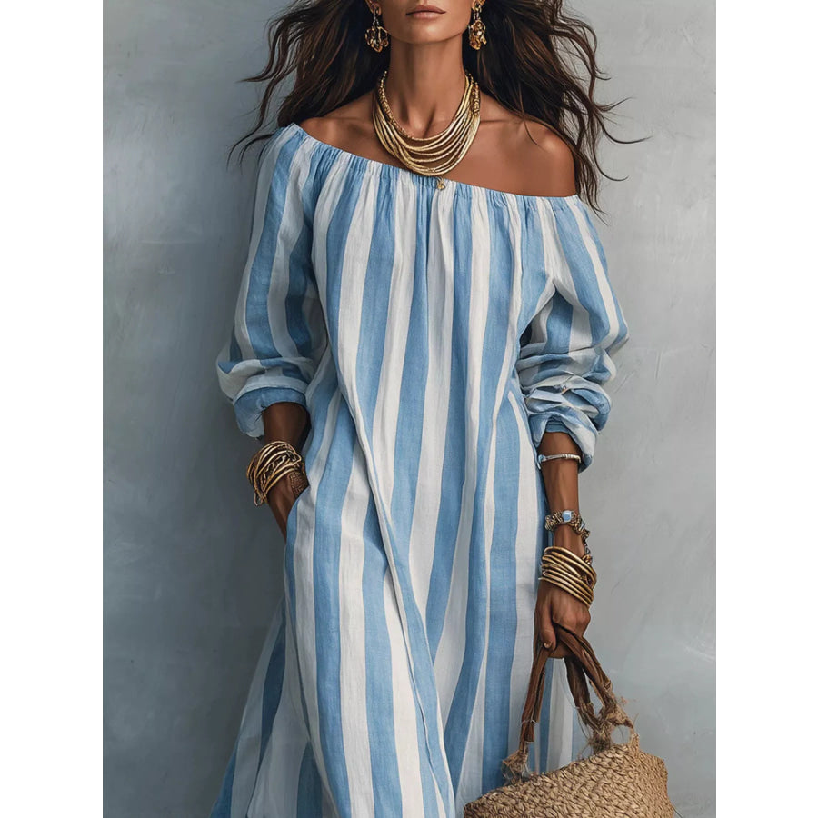 Off-Shoulder Striped Dress with Pockets Apparel and Accessories