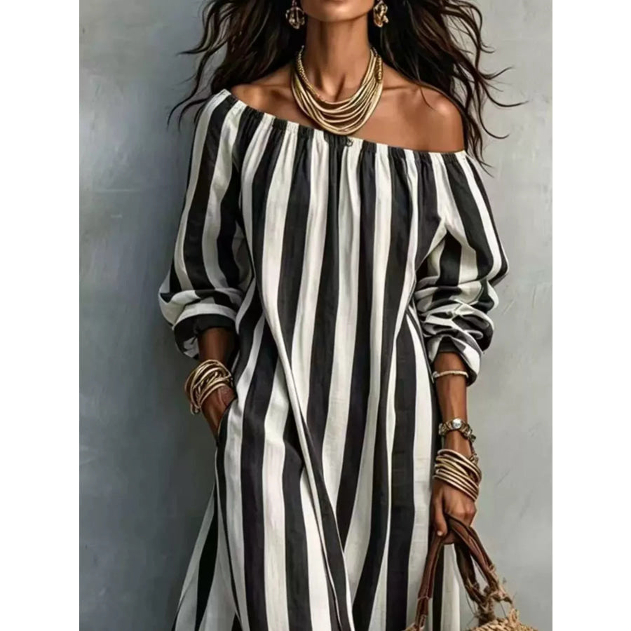 Off-Shoulder Striped Dress with Pockets Apparel and Accessories