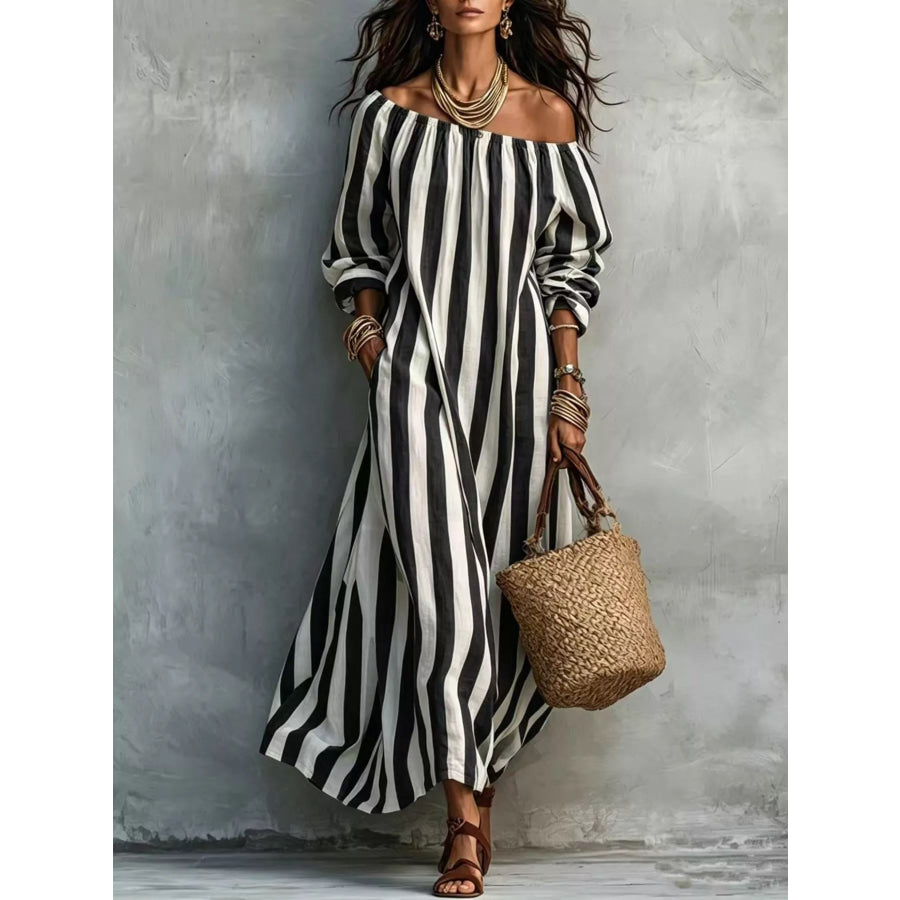 Off-Shoulder Striped Dress with Pockets Black / S Apparel and Accessories