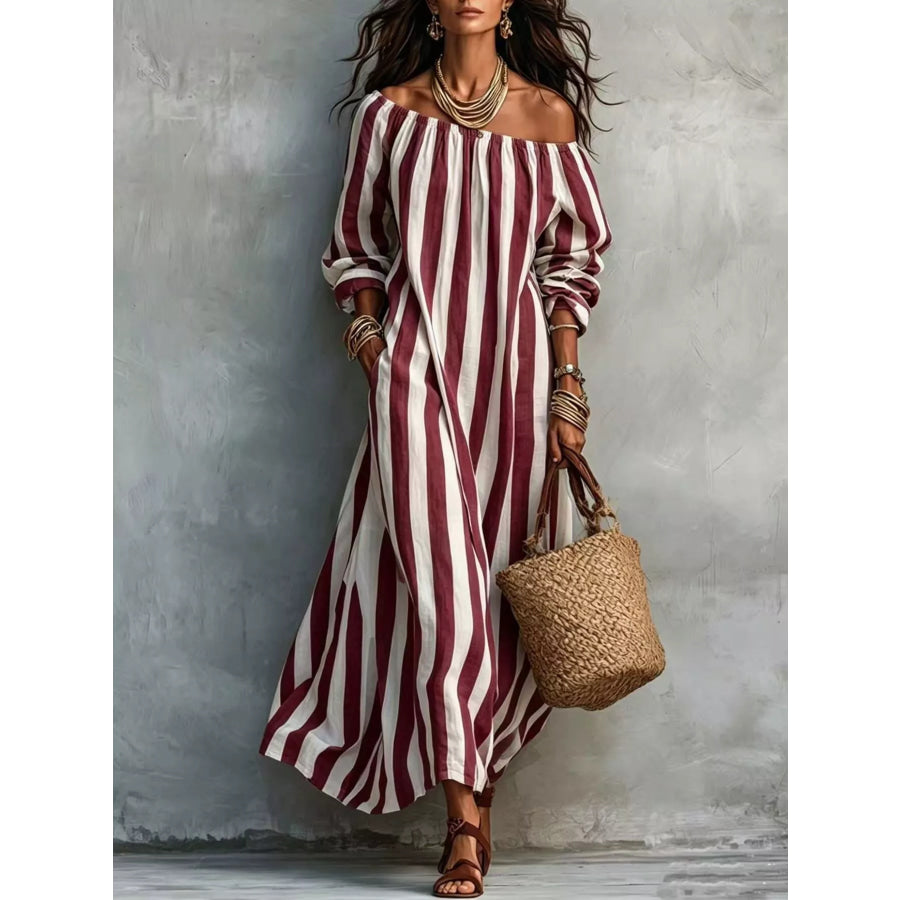 Off-Shoulder Striped Dress with Pockets Burgundy / S Apparel and Accessories
