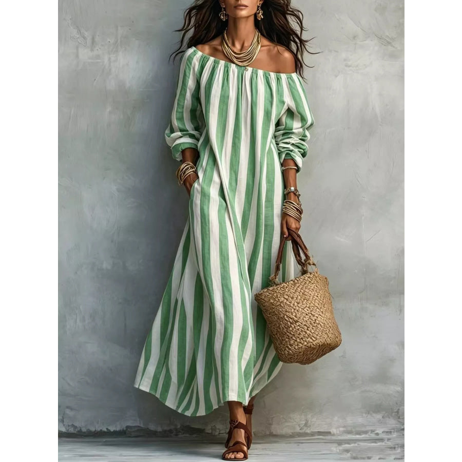 Off-Shoulder Striped Dress with Pockets Green / S Apparel and Accessories