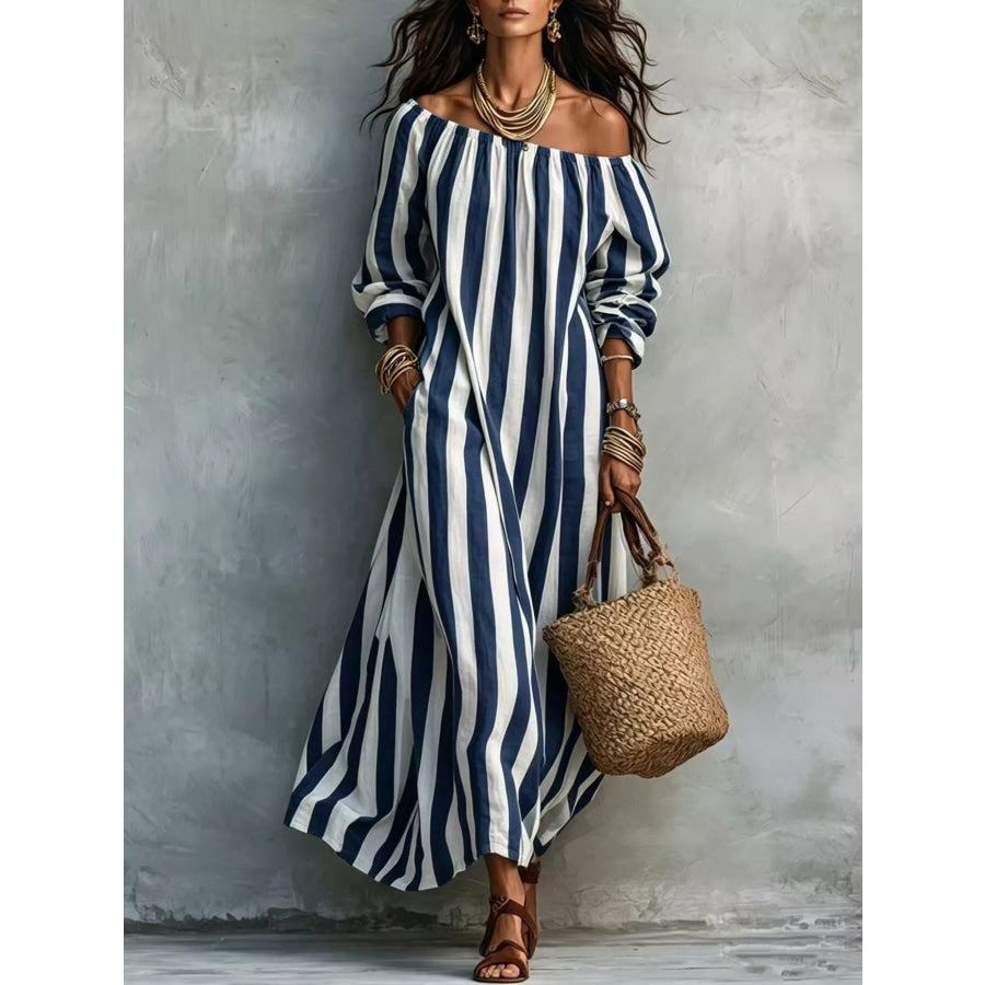 Off-Shoulder Striped Dress with Pockets Navy Blue / S Apparel and Accessories