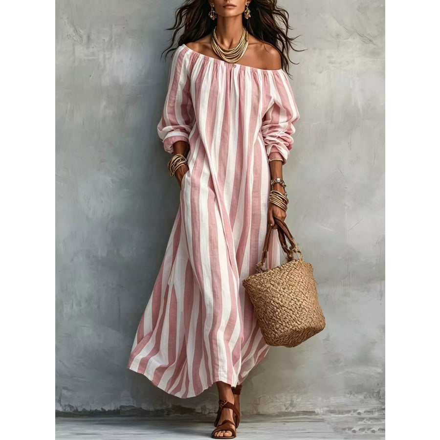 Off-Shoulder Striped Dress with Pockets Pink / S Apparel and Accessories