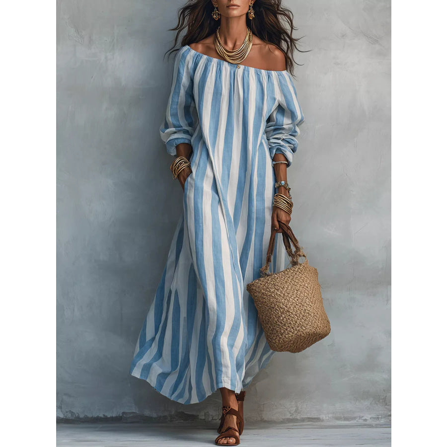 Off-Shoulder Striped Dress with Pockets Sky Blue / S Apparel and Accessories