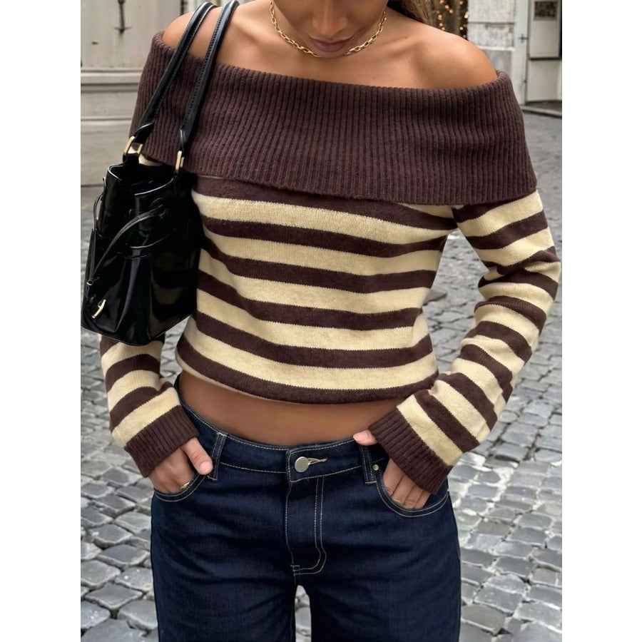 Off-Shoulder Striped Knit Top Coffee Brown / S Apparel and Accessories