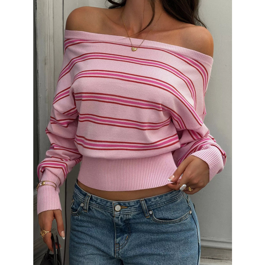 Off-Shoulder Striped Knit Top Pink / S Apparel and Accessories