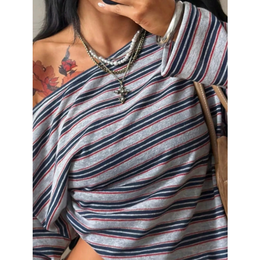Off-Shoulder Striped Long Sleeve T-Shirt Apparel and Accessories