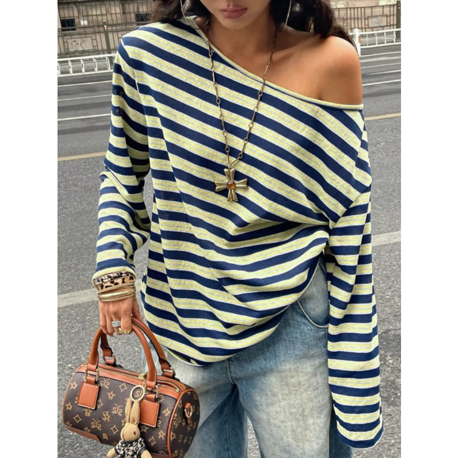 Off-Shoulder Striped Long Sleeve T-Shirt Apparel and Accessories
