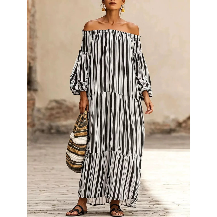 Off-Shoulder Striped Maxi Dress Black / S Apparel and Accessories