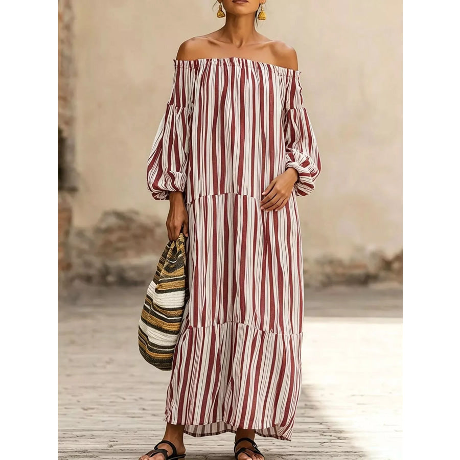 Off-Shoulder Striped Maxi Dress Burgundy / S Apparel and Accessories