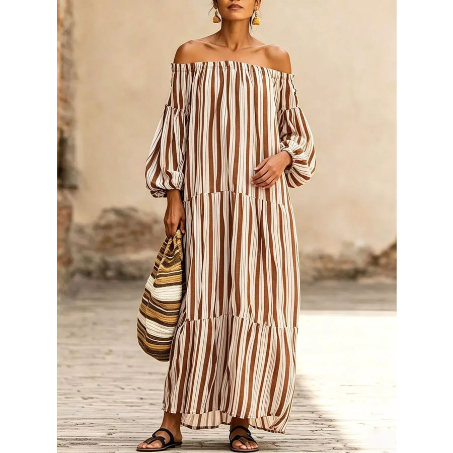Off-Shoulder Striped Maxi Dress Camel / S Apparel and Accessories