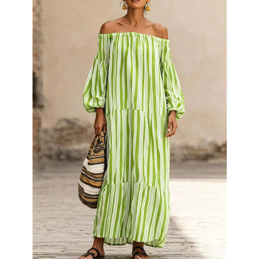 Off-Shoulder Striped Maxi Dress Lime / S Apparel and Accessories