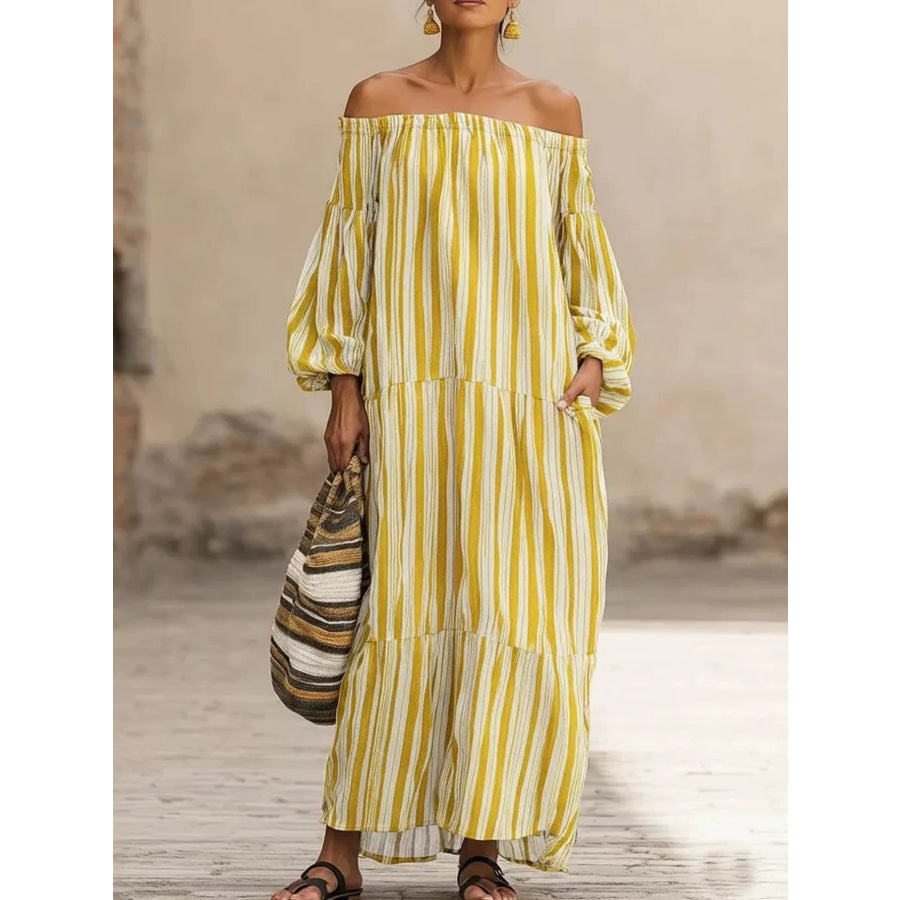 Off-Shoulder Striped Maxi Dress Pastel Yellow / S Apparel and Accessories