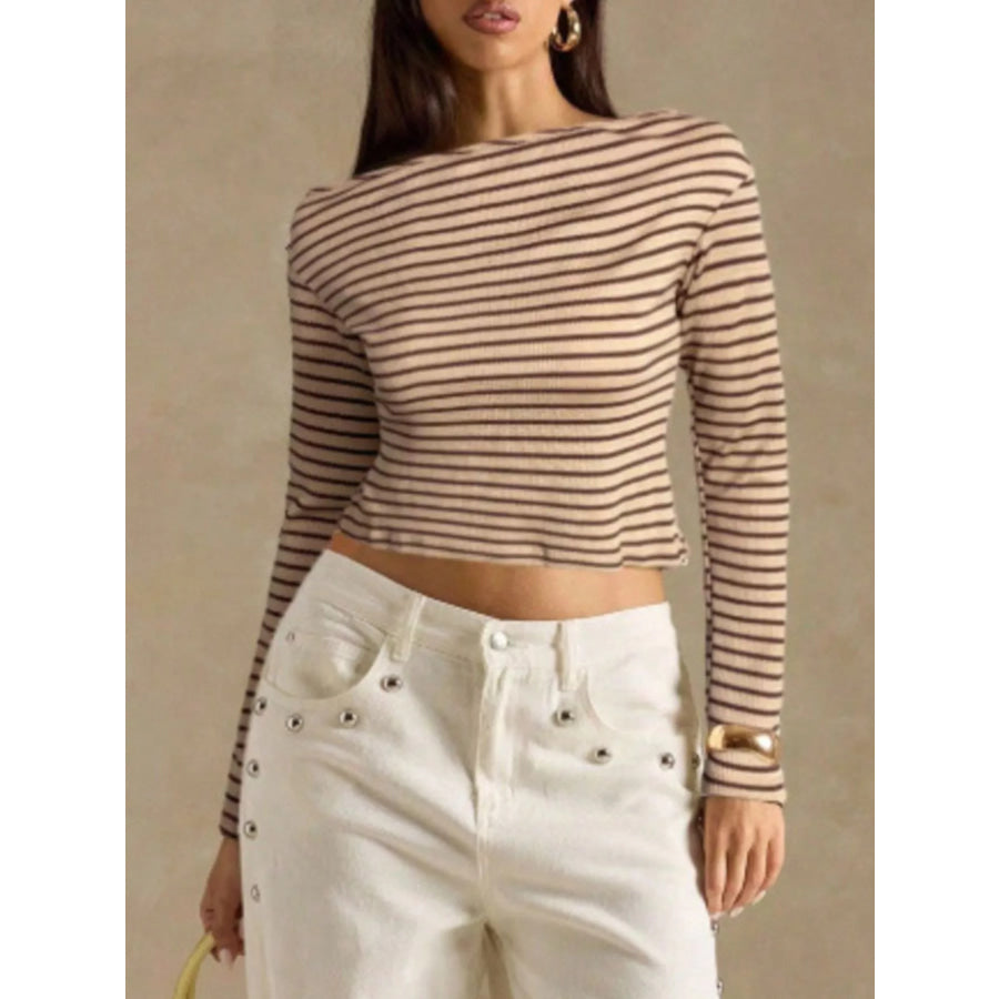 Off-Shoulder Striped Ribbed Long Sleeve T-Shirt Brown / S