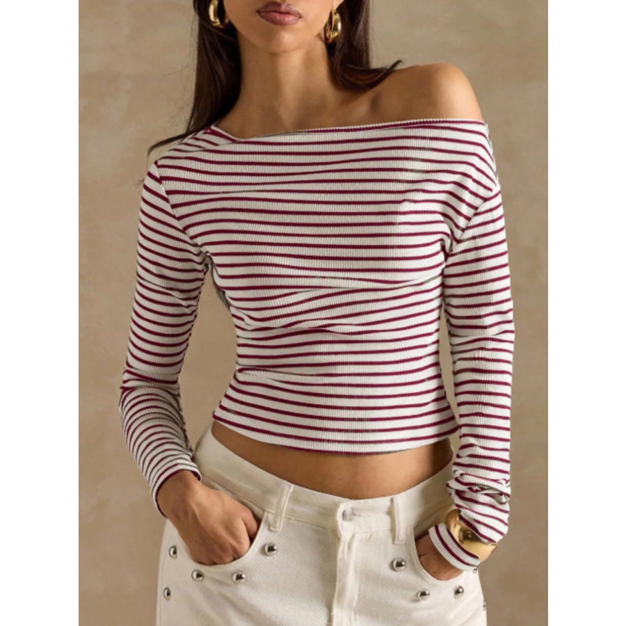 Off-Shoulder Striped Ribbed Long Sleeve T-Shirt Burgundy / S