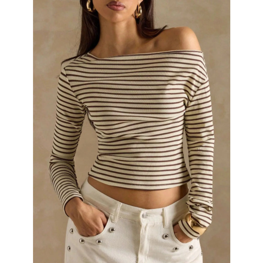Off-Shoulder Striped Ribbed Long Sleeve T-Shirt Khaki / S