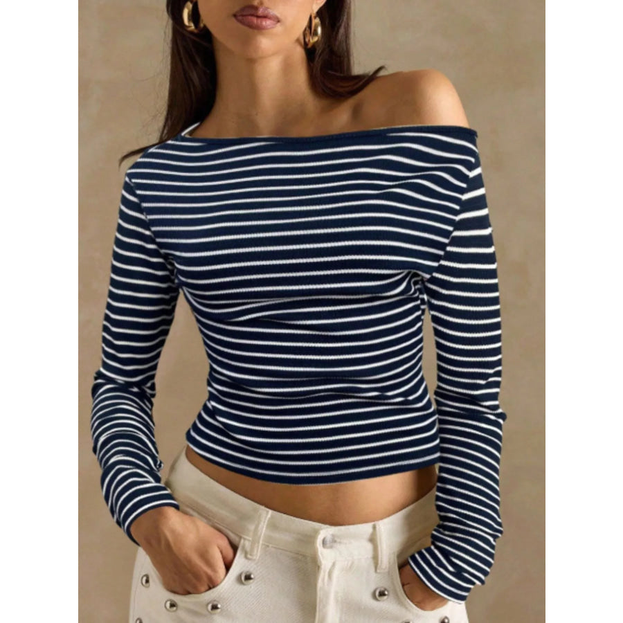 Off-Shoulder Striped Ribbed Long Sleeve T-Shirt Navy Blue / S