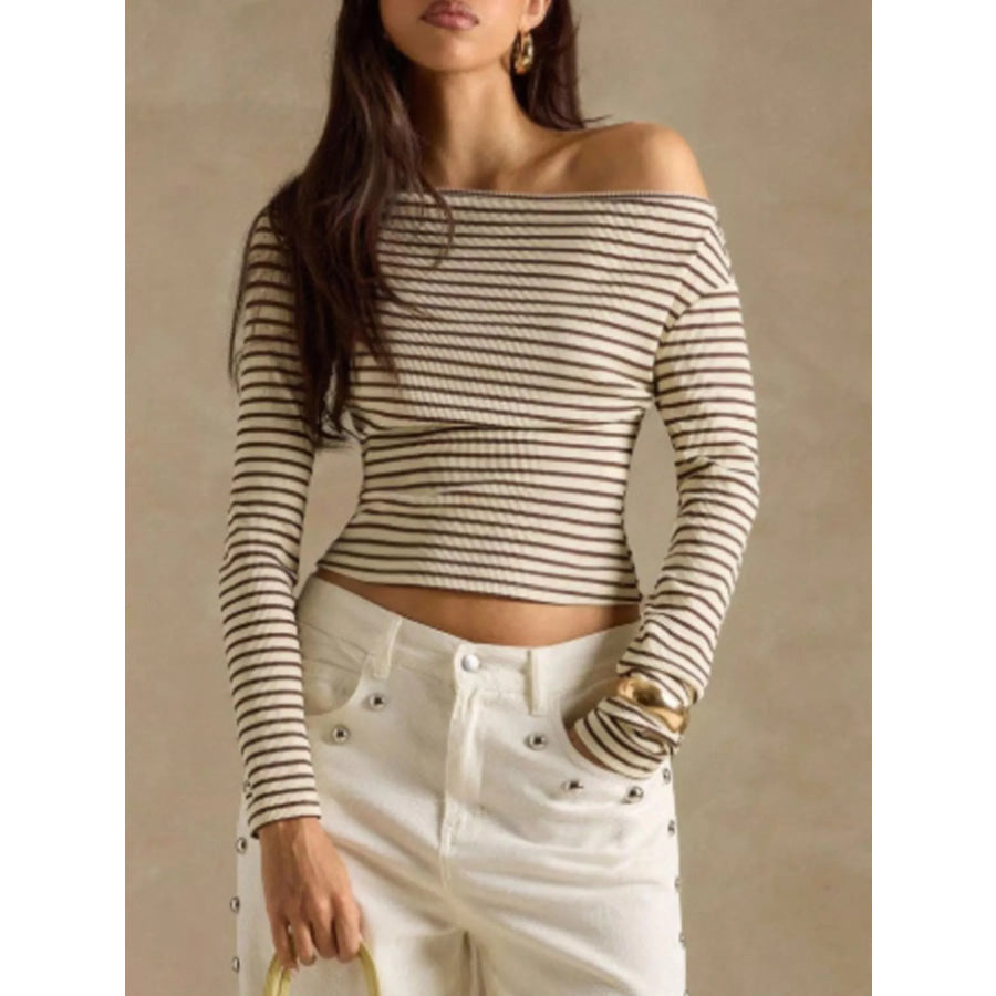 Off-Shoulder Striped Ribbed Long Sleeve T-Shirt