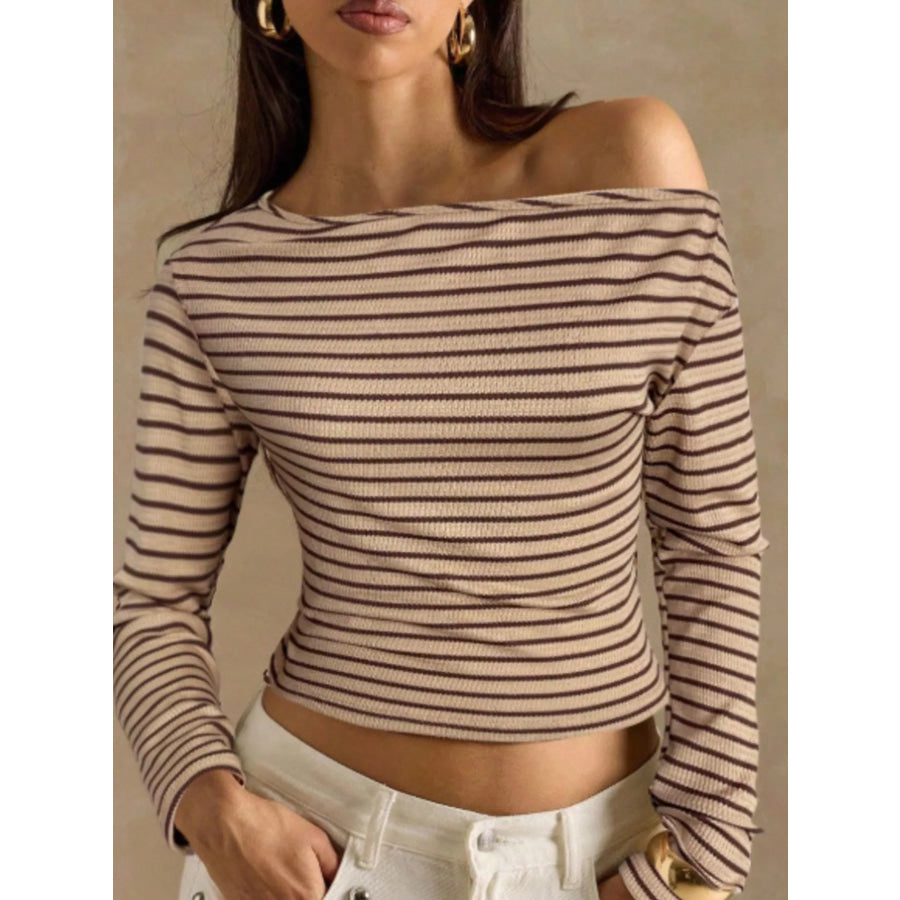 Off-Shoulder Striped Ribbed Long Sleeve T-Shirt