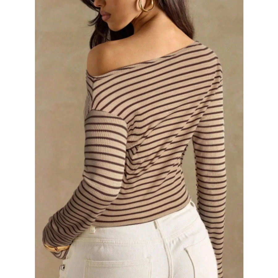 Off-Shoulder Striped Ribbed Long Sleeve T-Shirt