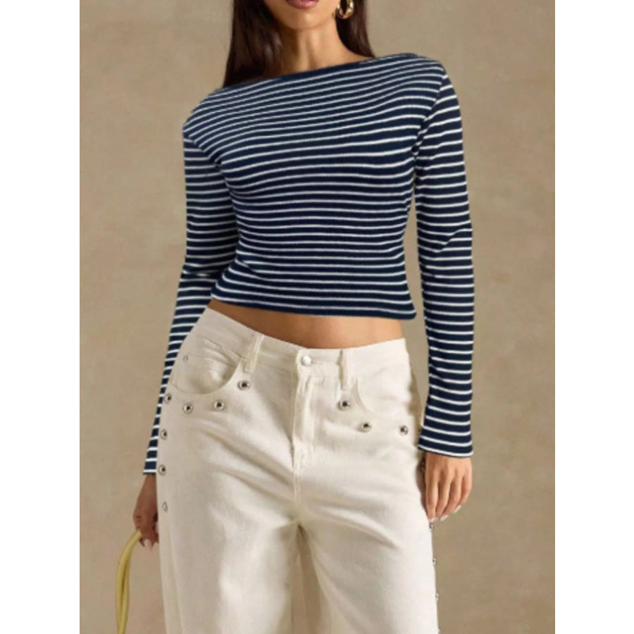 Off-Shoulder Striped Ribbed Long Sleeve T-Shirt