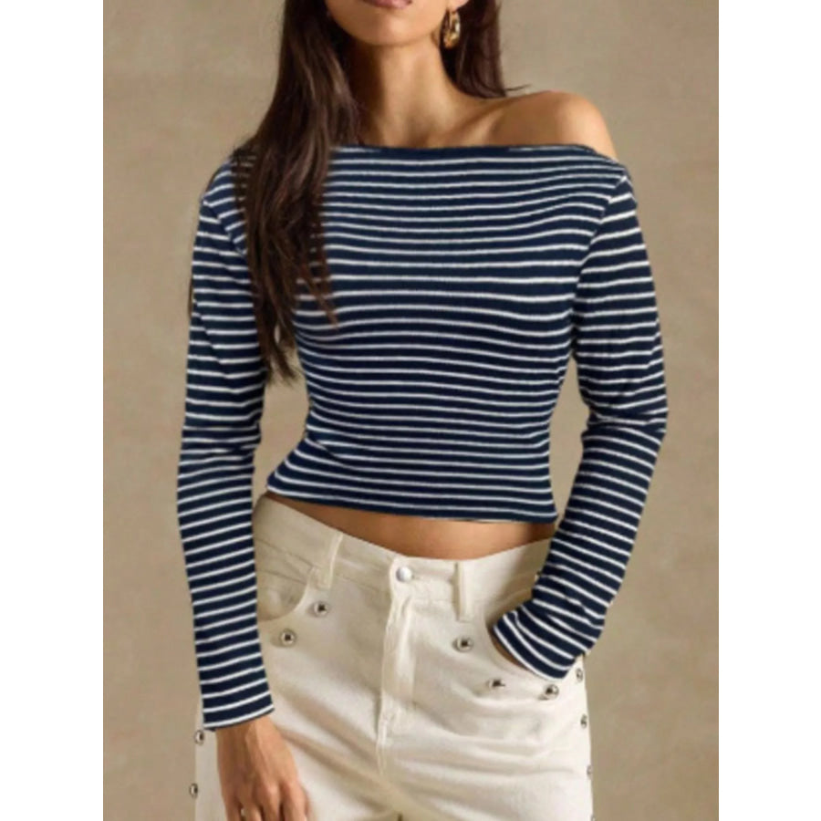 Off-Shoulder Striped Ribbed Long Sleeve T-Shirt