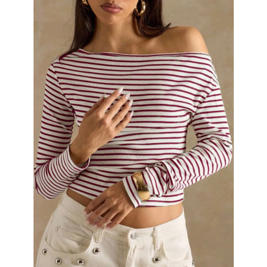 Off-Shoulder Striped Ribbed Long Sleeve T-Shirt