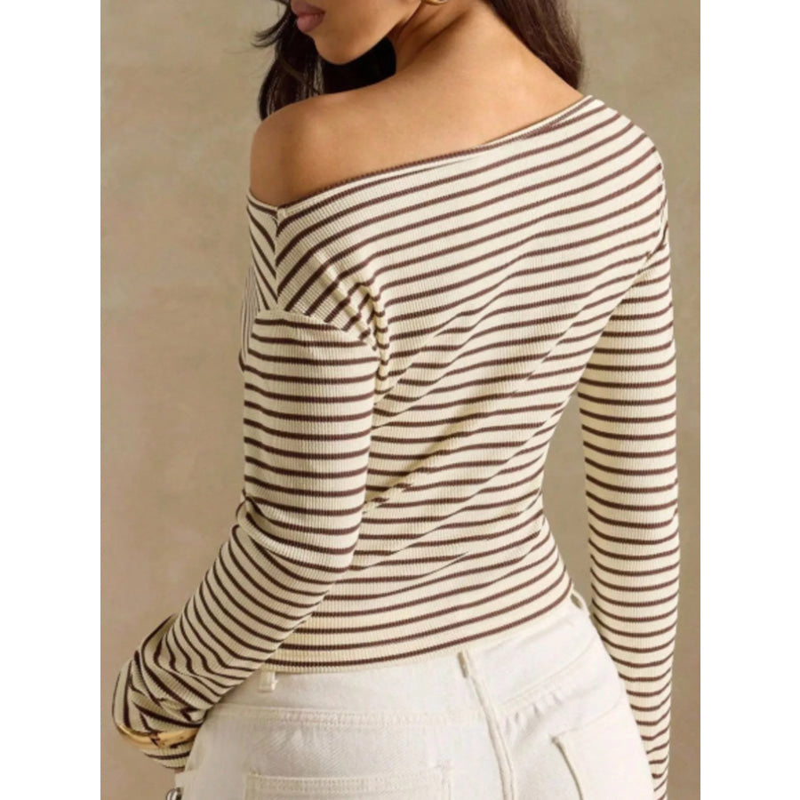 Off-Shoulder Striped Ribbed Long Sleeve T-Shirt