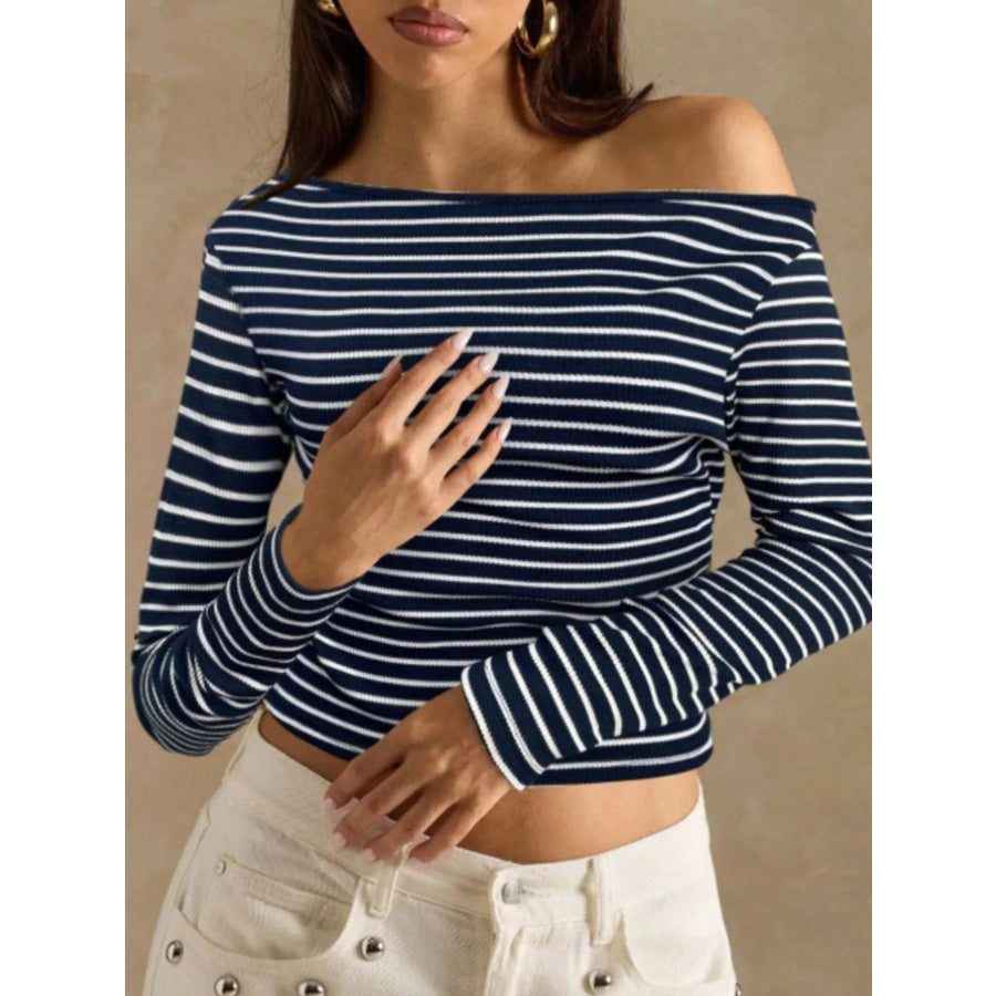 Off-Shoulder Striped Ribbed Long Sleeve T-Shirt