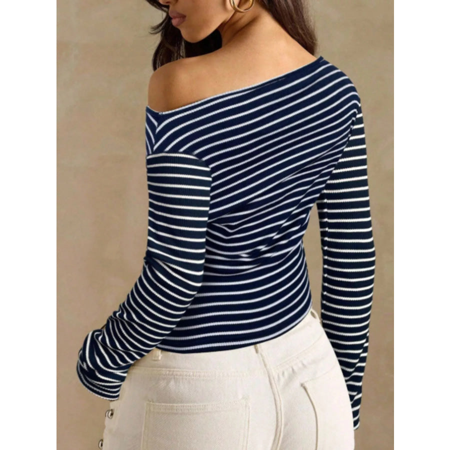 Off-Shoulder Striped Ribbed Long Sleeve T-Shirt