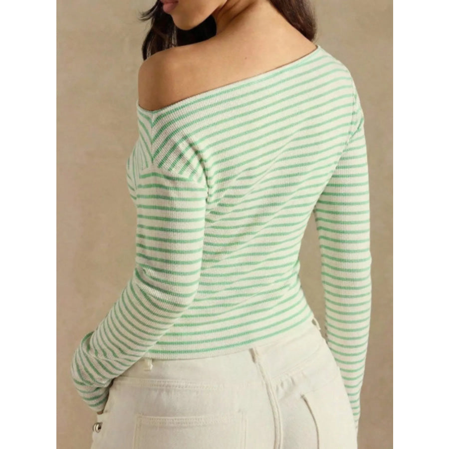 Off-Shoulder Striped Ribbed Long Sleeve T-Shirt