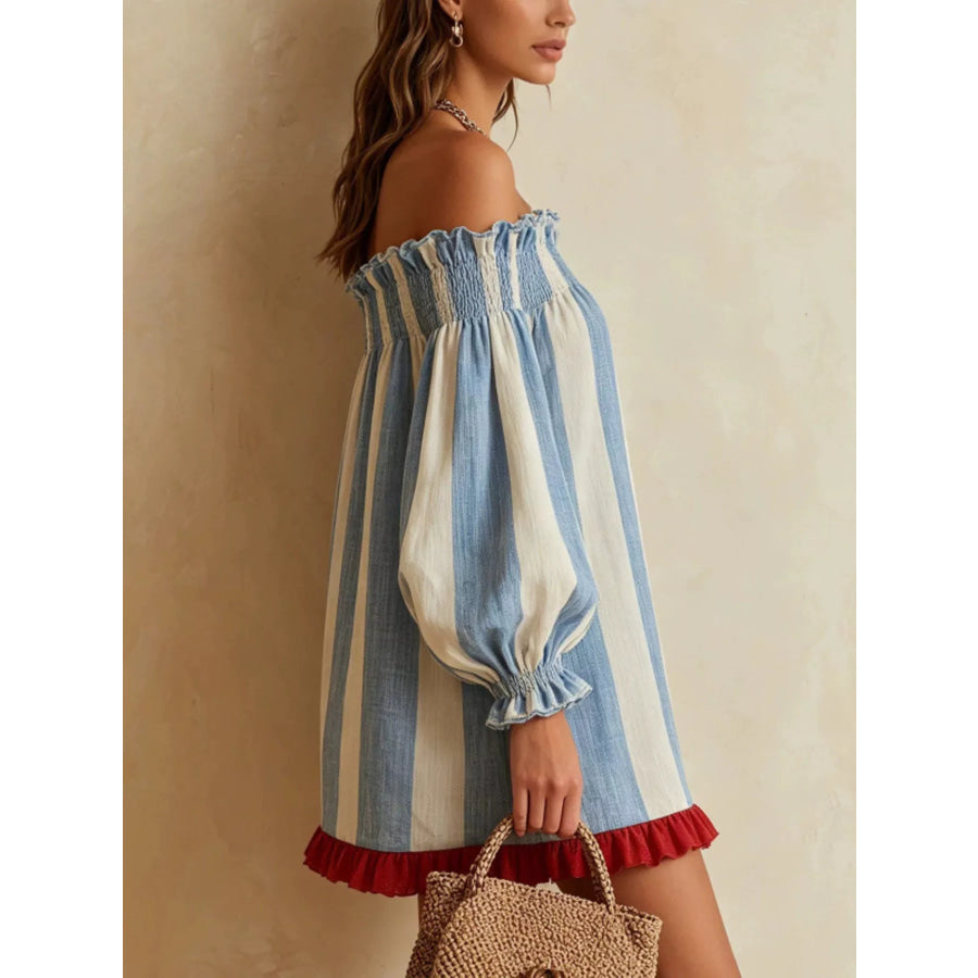 Off-Shoulder Striped Ruffle Hem Mini Dress Sky Blue / S Apparel and Accessories