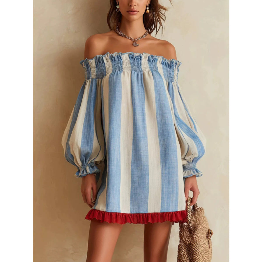 Off-Shoulder Striped Ruffle Hem Mini Dress Sky Blue / S Apparel and Accessories