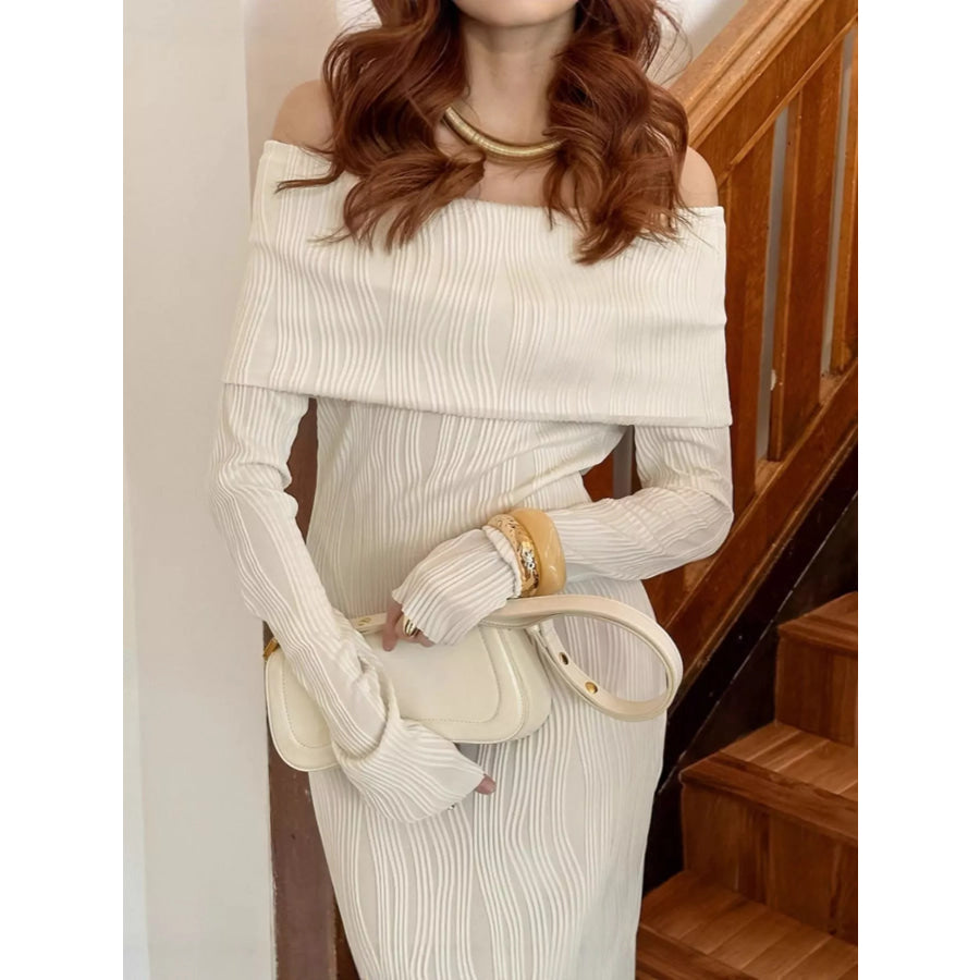 Off-Shoulder Textured Knit Maxi Dress Ivory / S Apparel and Accessories